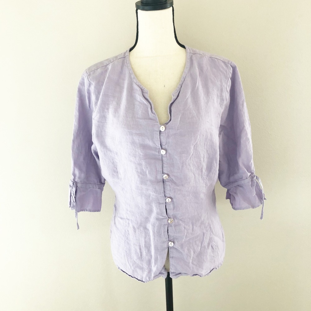 Two Star Dog TSD Shirt Women Large Lavender 100% Linen Button Down Blouse Purple